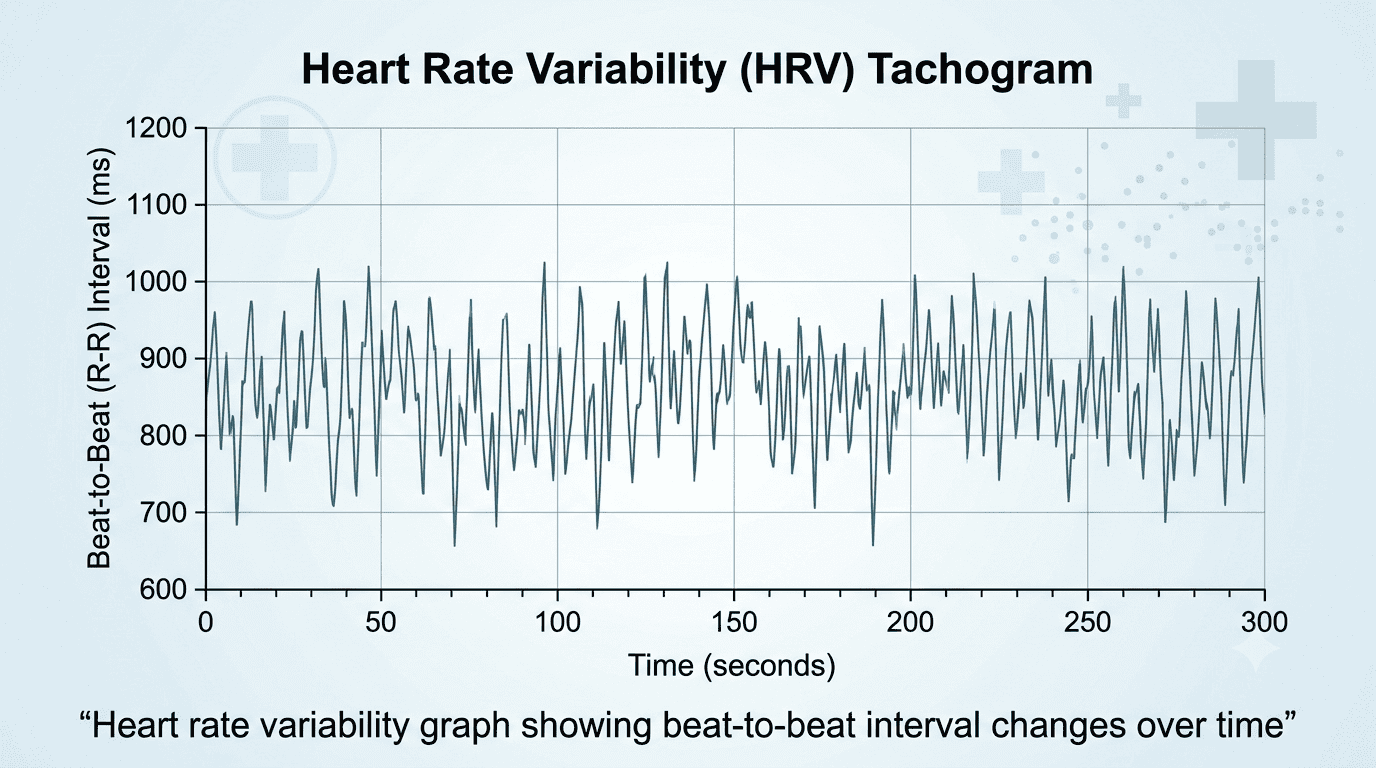 A line graph showing beat-to-beat interval fluctuations, with alt text: “Heart rate variability graph showing beat-to-beat interval changes over time A line graph showing beat-to-beat interval fluctuations, with alt text: “Heart rate variability graph showing beat-to-beat interval changes over time