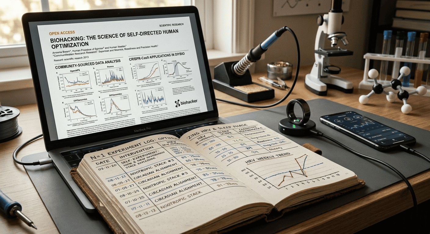 Notebook, laptop with research study, and wearable tracker illustrating the science of biohacking within the DIY biohacking trend.