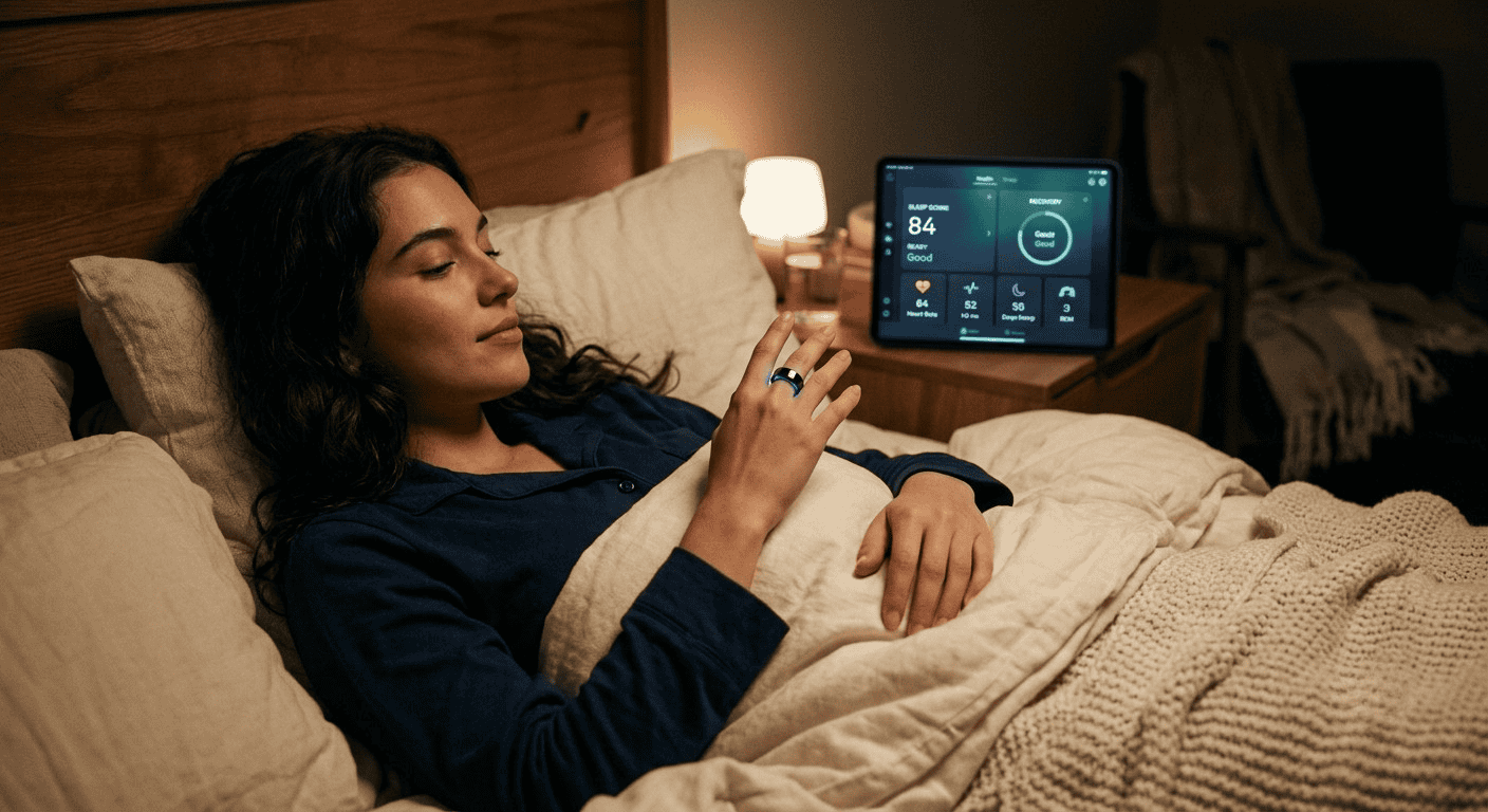 Wearable for HRV and sleep being used for home recovery tracking before bed. Wearable for HRV and sleep being used for home recovery tracking before bed.