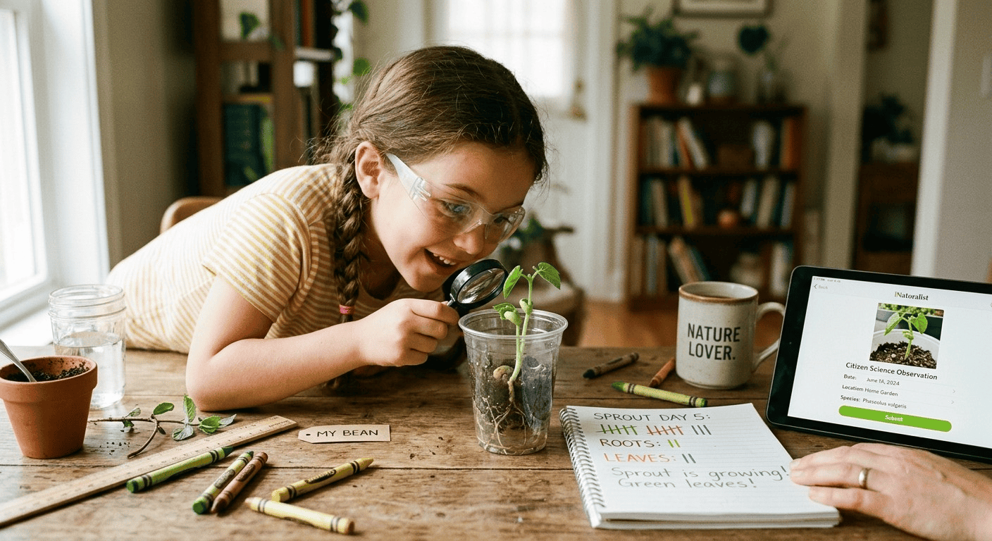 Teaching biology at home: young girl using eBird app to record bird sightings at a DIY bird feeder