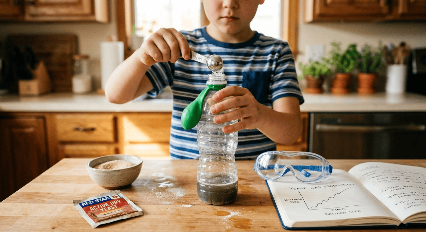 Safe biology experiments children: child performing yeast balloon respiration experiment on kitchen counter