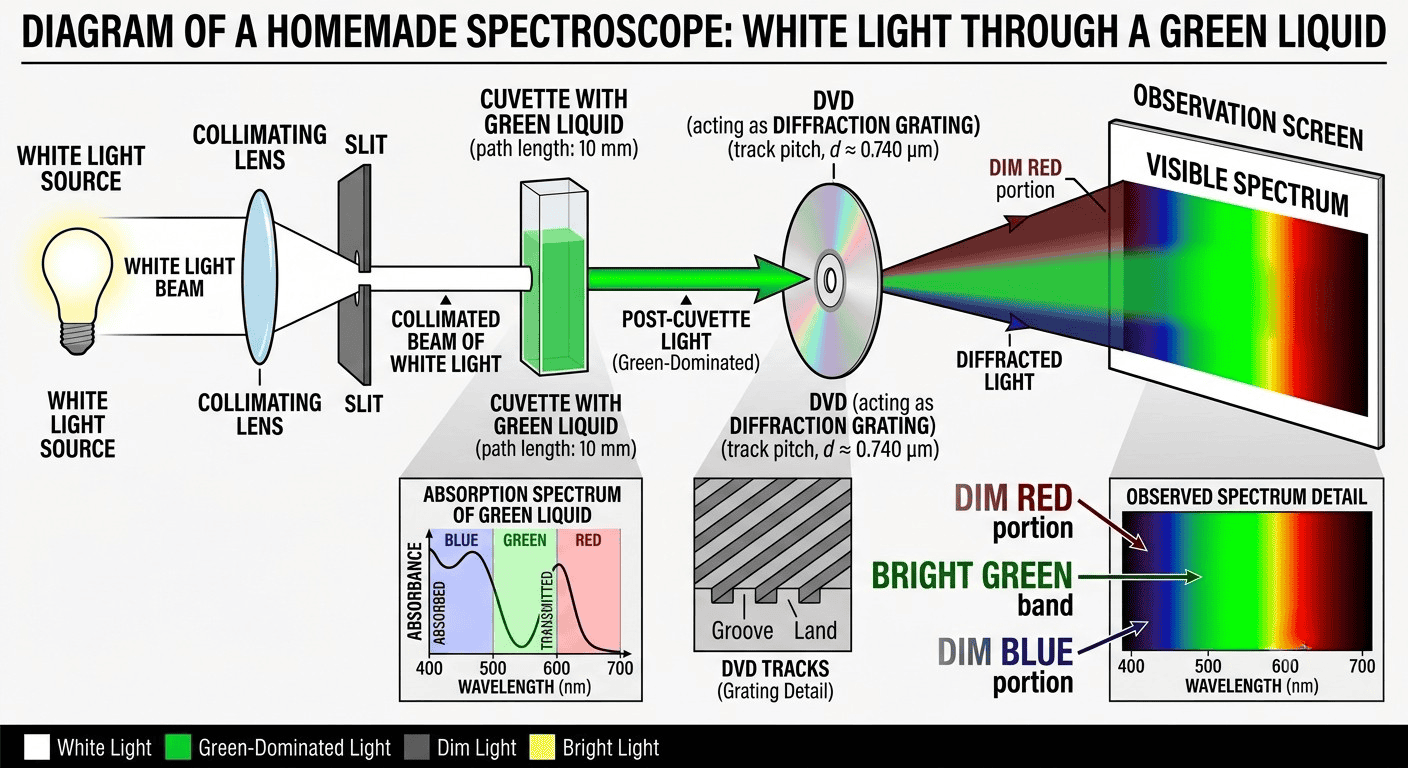 Diagram explaining how a DIY spectrophotometer splits light to measure absorption by a green sample Diagram explaining how a DIY spectrophotometer splits light to measure absorption by a green sample