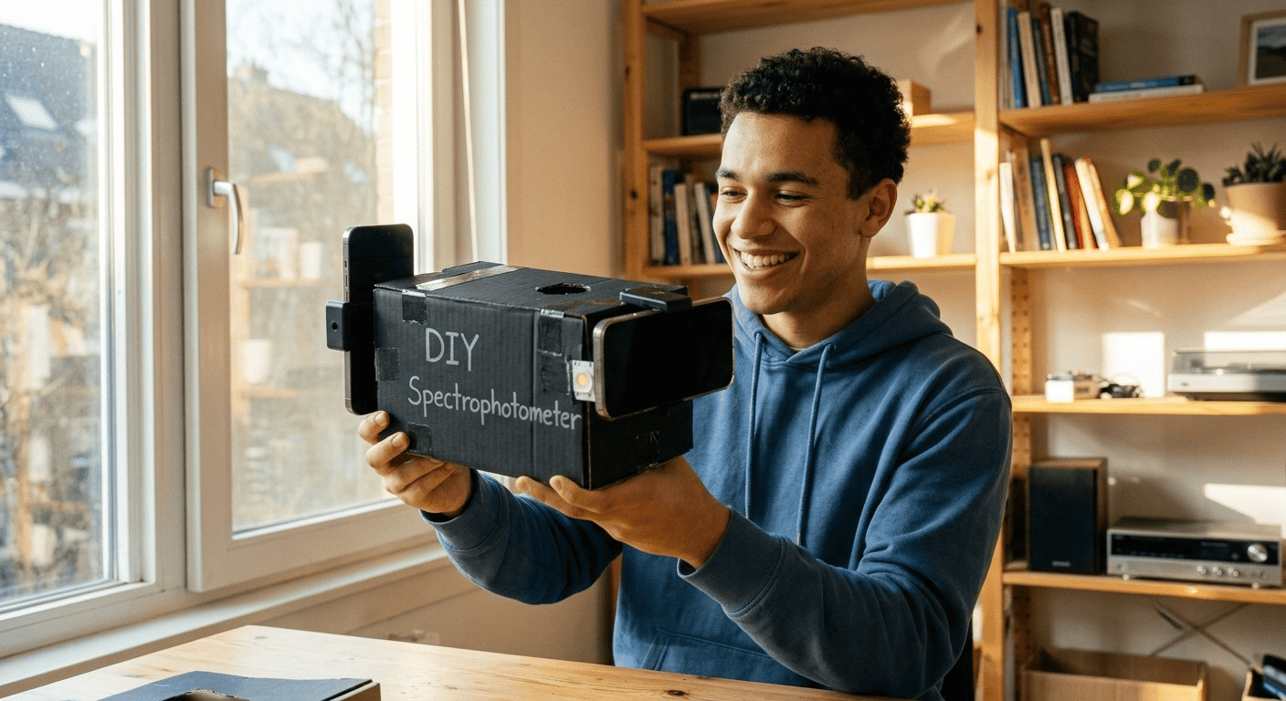 A citizen scientist proudly displays their DIY spectrophotometer made from cardboard and a smartphone A citizen scientist proudly displays their DIY spectrophotometer made from cardboard and a smartphone
