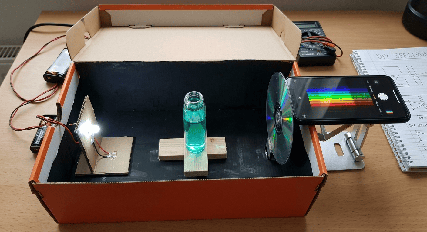 Open view of a homemade DIY spectrophotometer showing LED light source, sample cuvette, and smartphone detecting the spectrum Open view of a homemade DIY spectrophotometer showing LED light source, sample cuvette, and smartphone detecting the spectrum