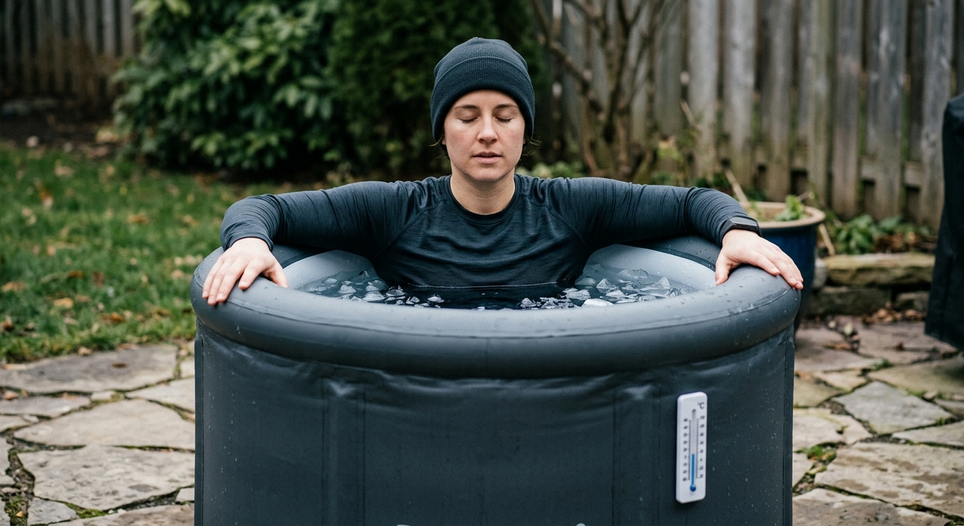 Person practicing cold exposure in an ice bath, a popular protocol within the DIY biohacking trend and biohacking beyond wellness.