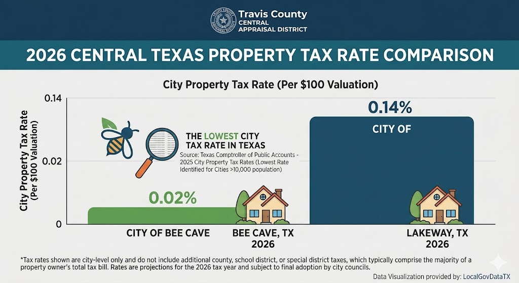 Bee Cave Texas property tax rate comparison chart showing lowest city rate in Texas versus Lakeway TX 2026