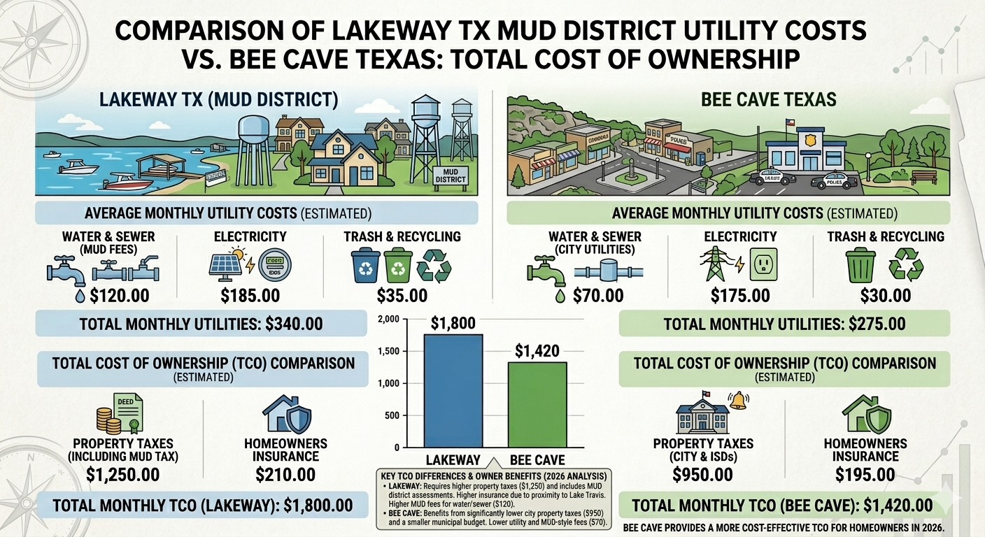 Lakeway TX MUD district utility cost breakdown showing total cost of ownership comparison with Bee Cave Texas
