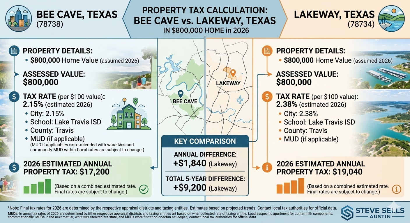 Side by side property tax calculation for $800000 home in Bee Cave vs Lakeway Texas 2026