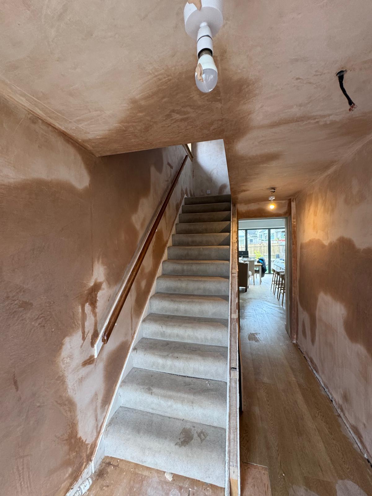 Stairwell plastering — full skim walls and ceiling