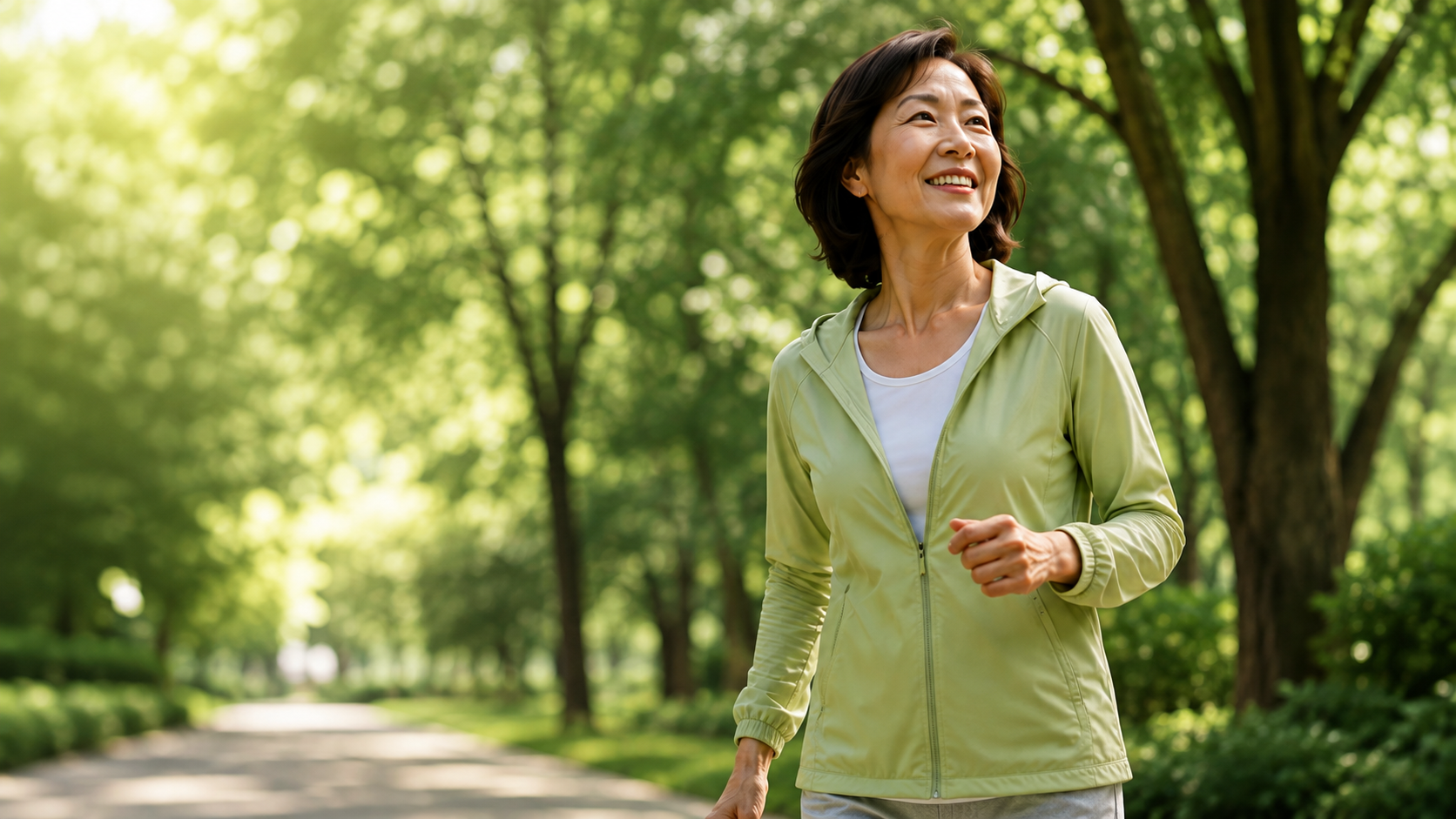 Active Asian woman in midlife walking outdoors