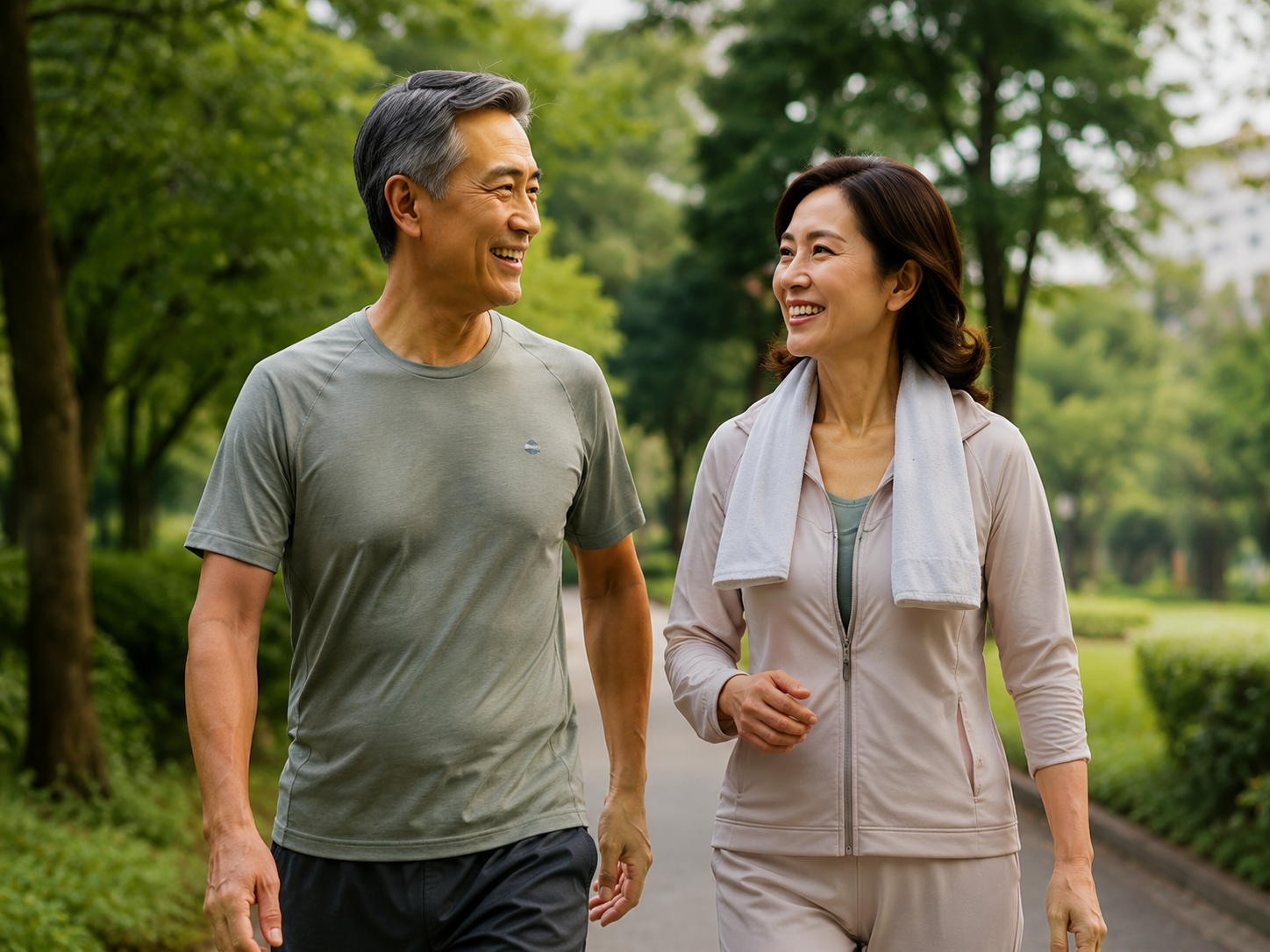 Asian couple walking outdoors