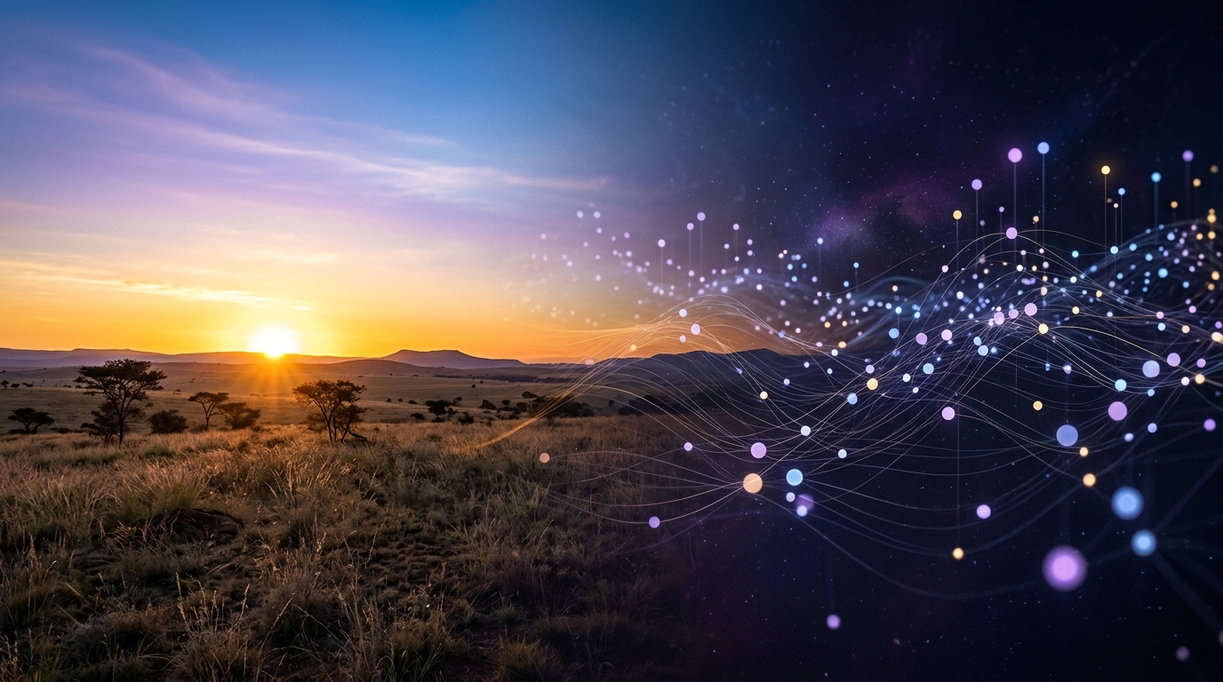 South African savanna sunrise with a digital network mesh