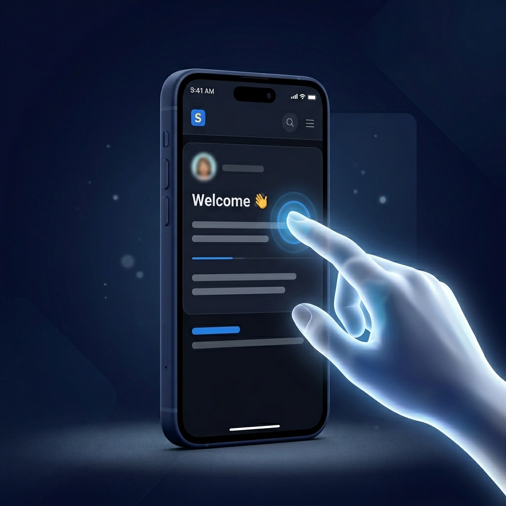 Phone showing Skool app welcome screen with golden hand tapping