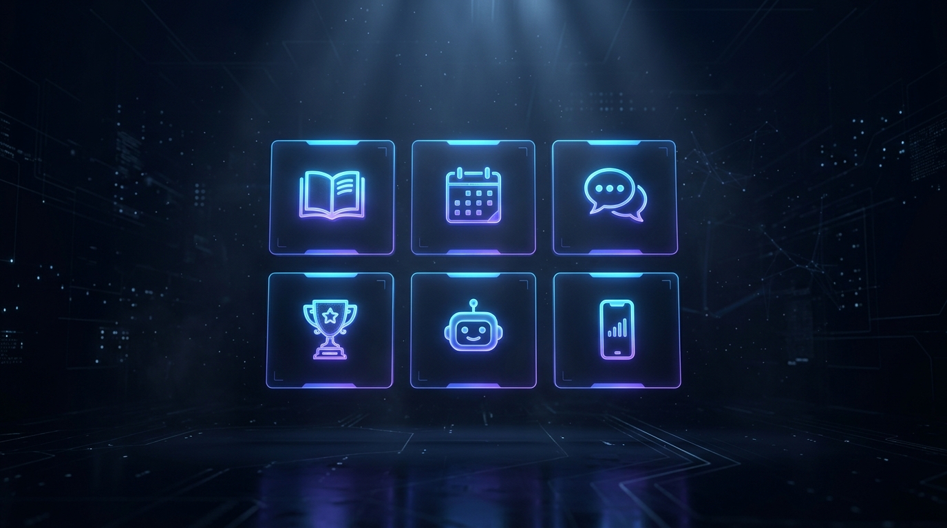 Six glowing Skool community feature panels — playbooks, calendar, chat, leaderboard, coach GPT, mobile app