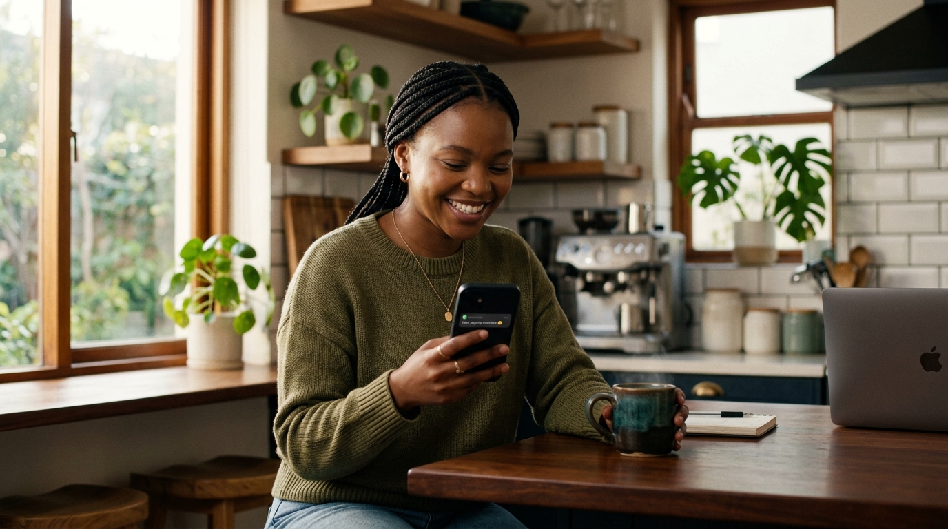 South African woman smiling at her phone after a new paying member notification