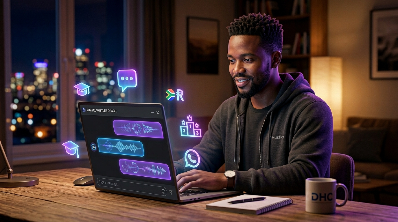 South African entrepreneur using the Digital Hustler Coach on a laptop