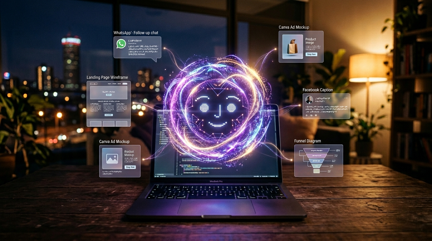 Holographic Digital Hustler Coach GPT orb hovering above a laptop with marketing assets