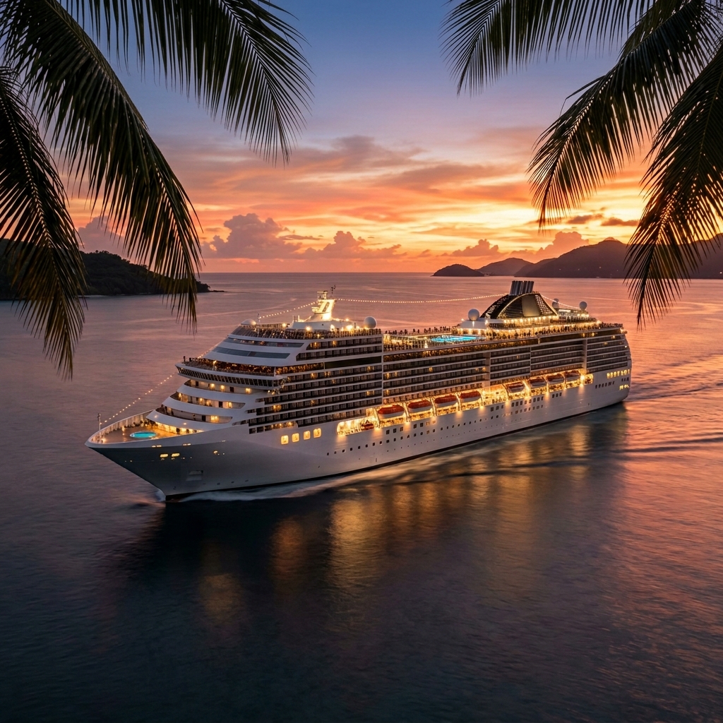 iPasella Holiday Lay-Buy — luxury MSC-style cruise ship at sunset, palm fronds framing the scene. Members can lay-buy holidays from R1,000 per month.
