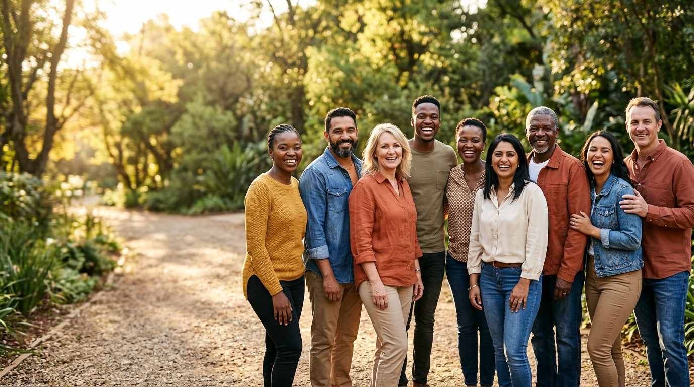 iPasella Club network — diverse smiling South African members in a circle joining hands in unity. The 10x10 Challenge: introduce 10 members in 10 days.