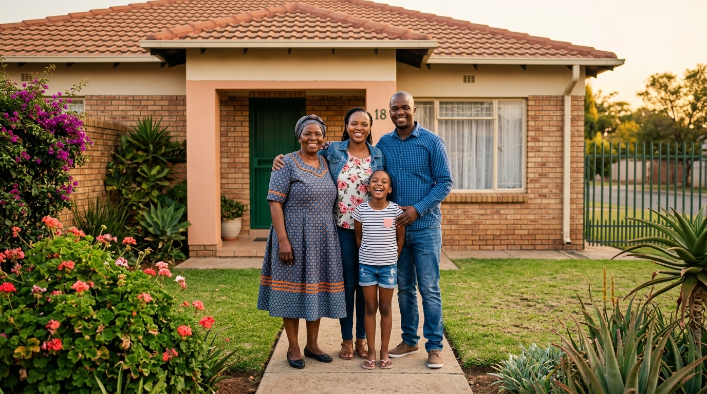 A multigenerational South African family standing in front of their suburban home in Boksburg, smiling at golden hour — the kind of life iPasella Club is built to support.