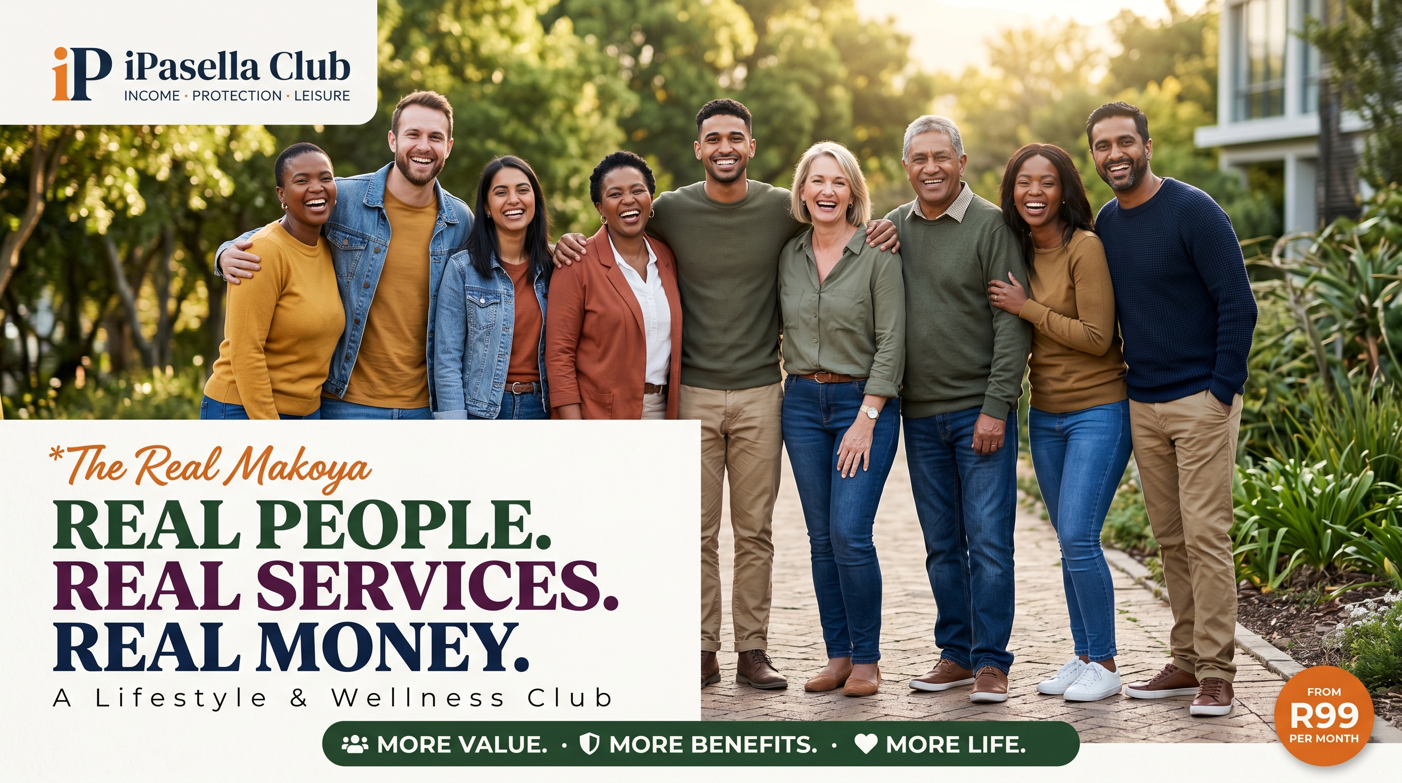 iPasella Club — The Real Makoya. Real People. Real Services. Real Money. A lifestyle and wellness club from R99 per month with R2,500 monthly Checkers and Pick n Pay grocery vouchers, Travel Assist powered by Flexibreaks for 25+ years, Debt Clear program active since 2007, Funeral Assist with repatriation, Education Hub, Wellness Support, Cash Loans, Smart Shopping and Investo Club ETF access.