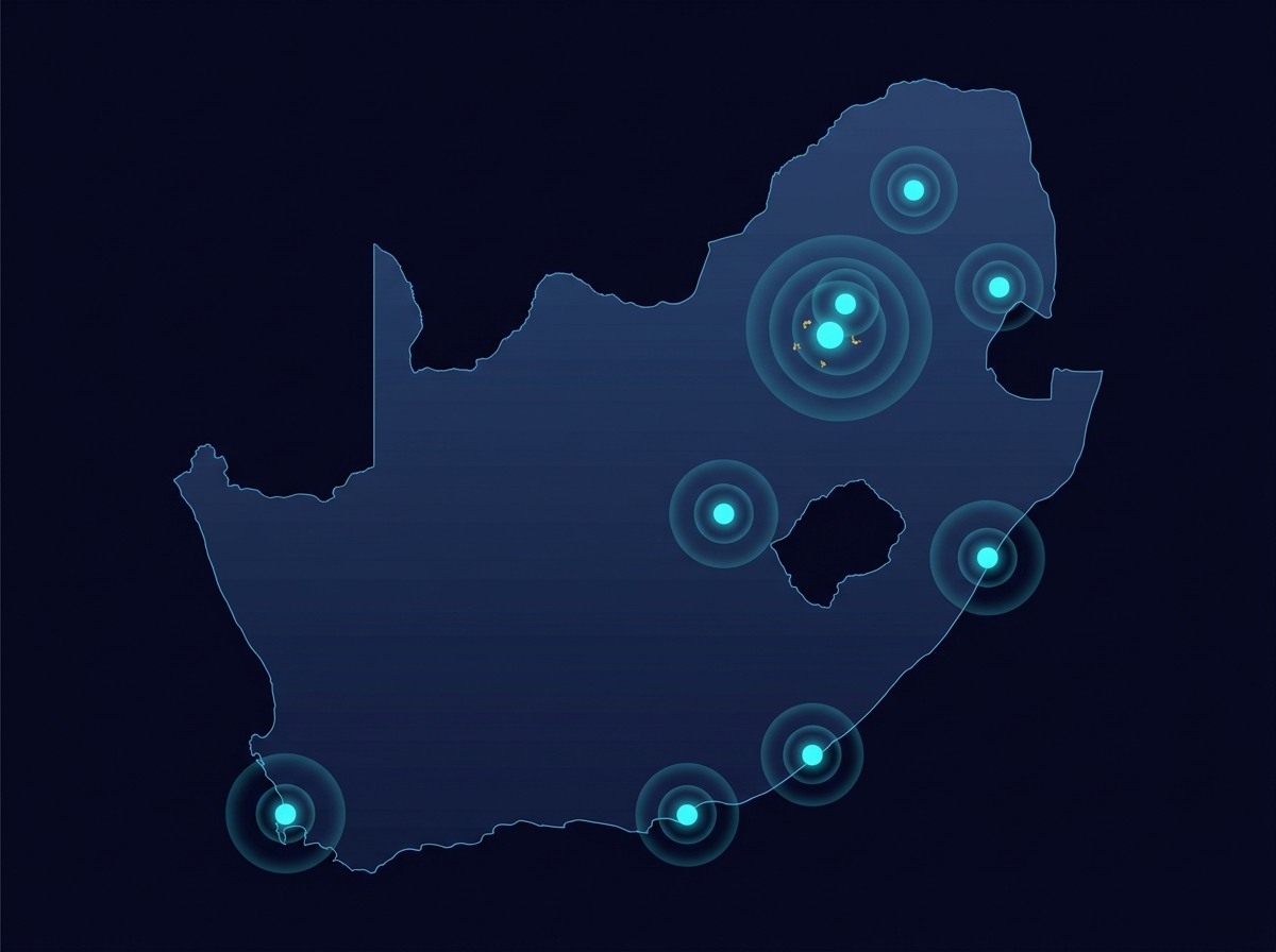 Stylised map of South Africa showing glowing dots in major cities where Digital Hustlers App members are active