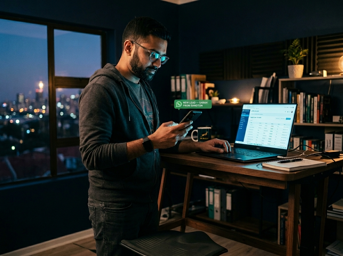 Foundation phase — a South African entrepreneur tracking first leads on phone and laptop