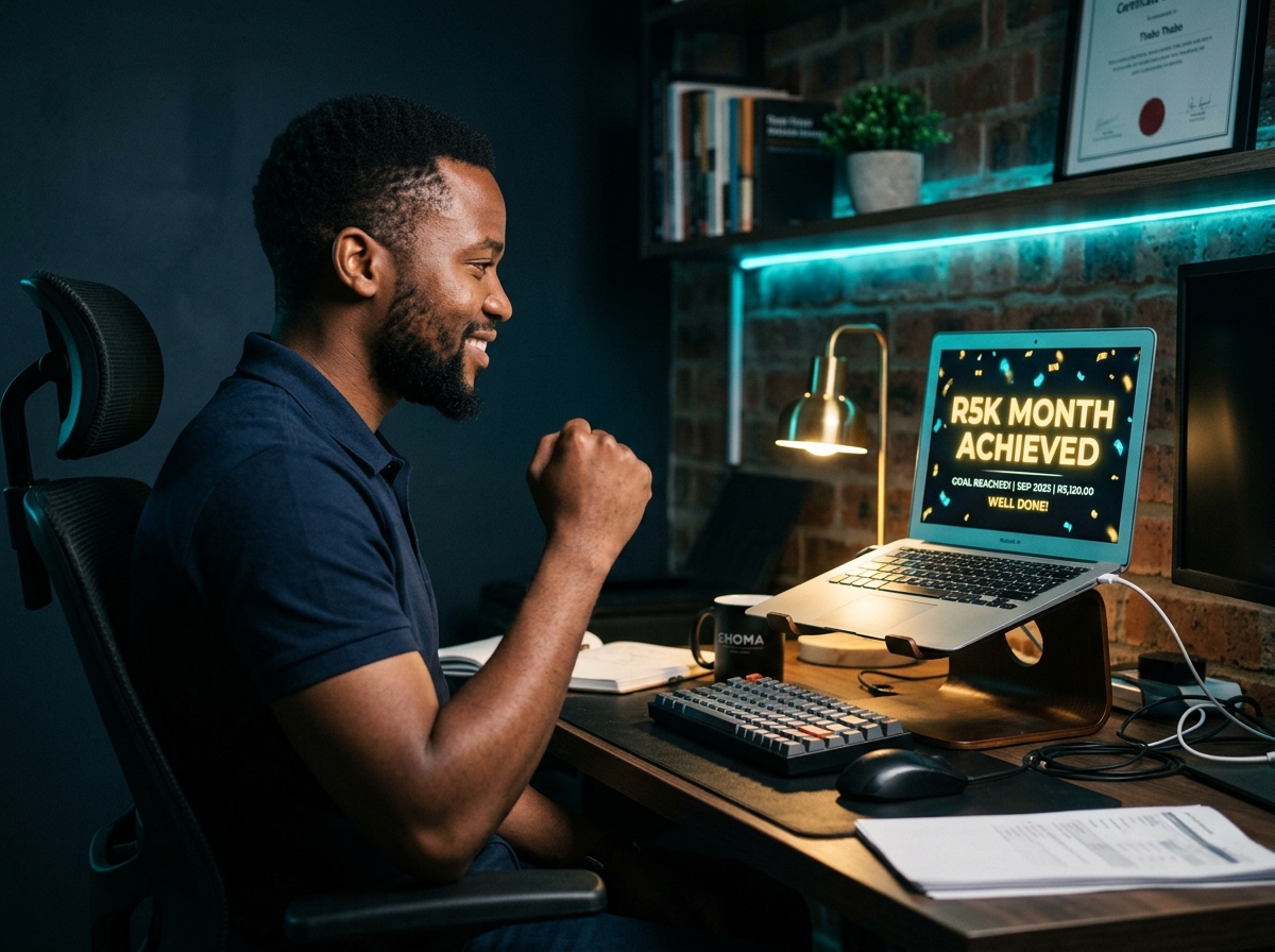 Day 90 — a member at their desk during a quiet R5K-achieved moment