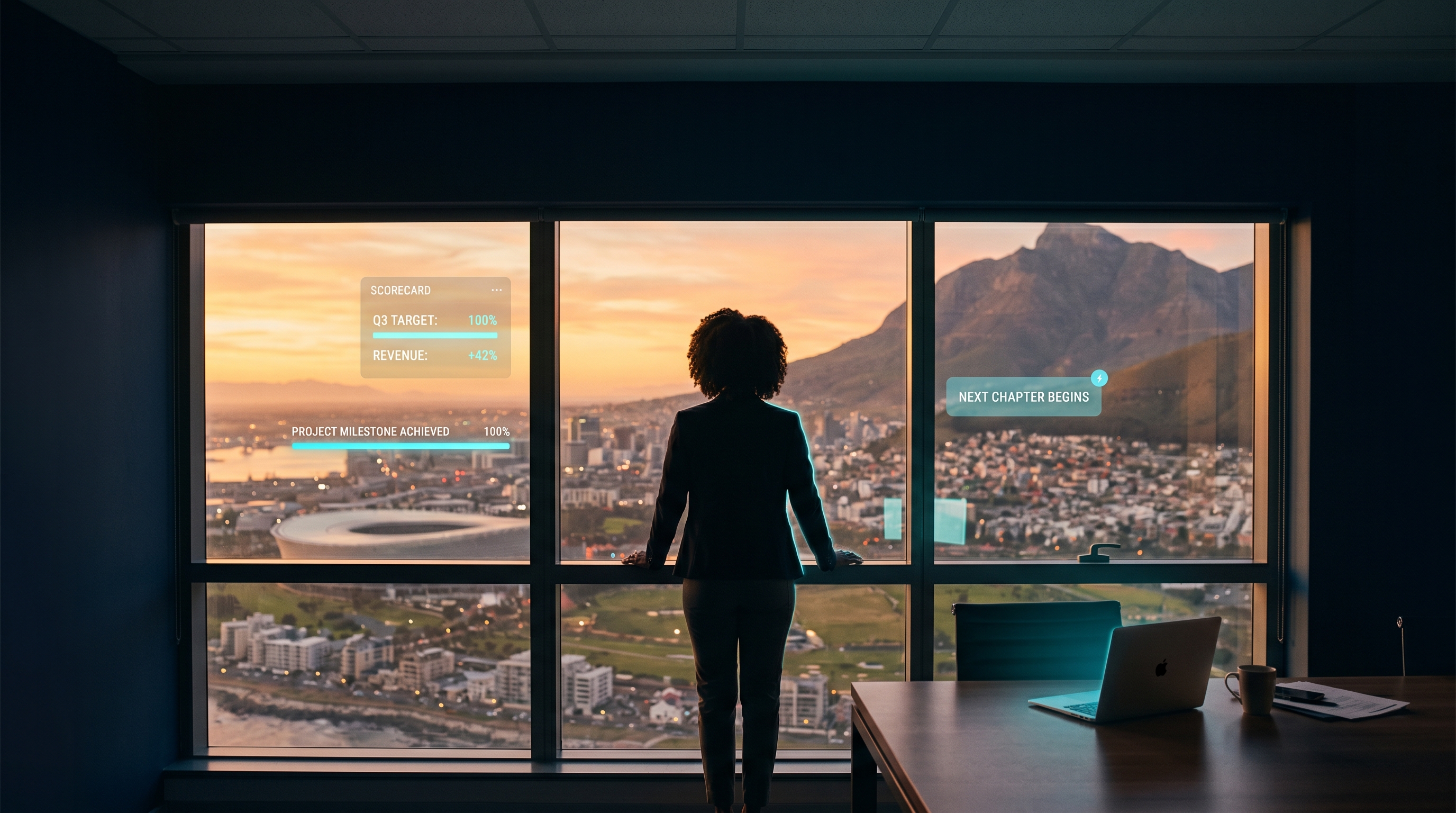 Aspirational hero shot — a member looking out at a city skyline at dawn