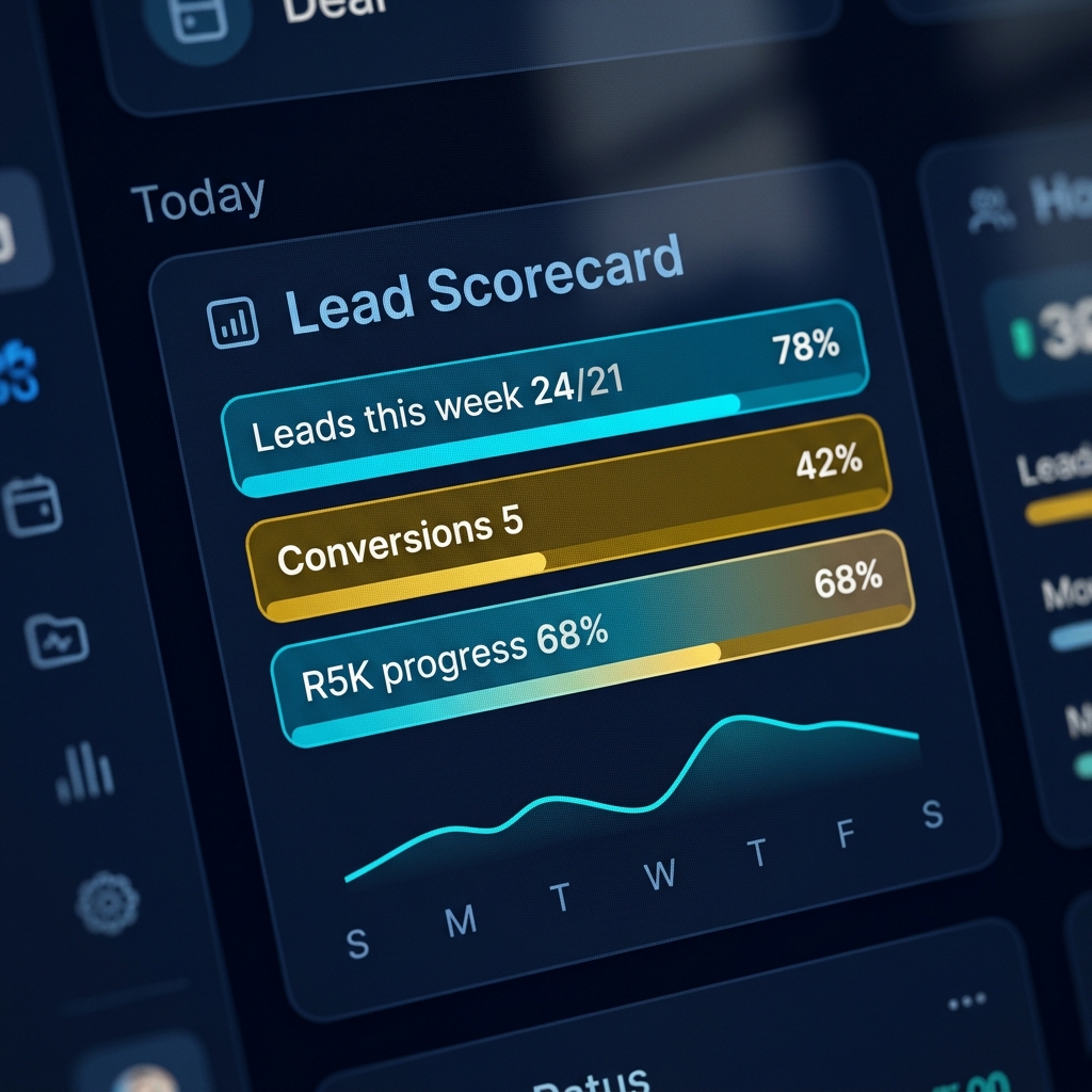 Daily Lead Scorecard close-up showing leads, conversions, and R5K progress bars