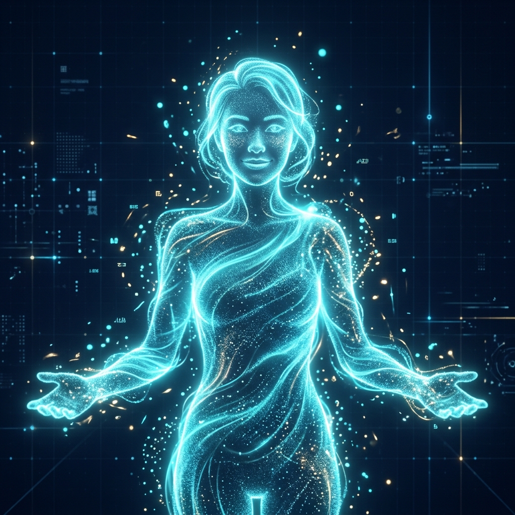 Nikita — the Digital Hustlers App AI coach — as a stylised holographic portrait of cyan light particles