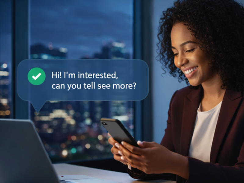 A woman using her smartphone while smiling, with a message bubble displaying a positive response.