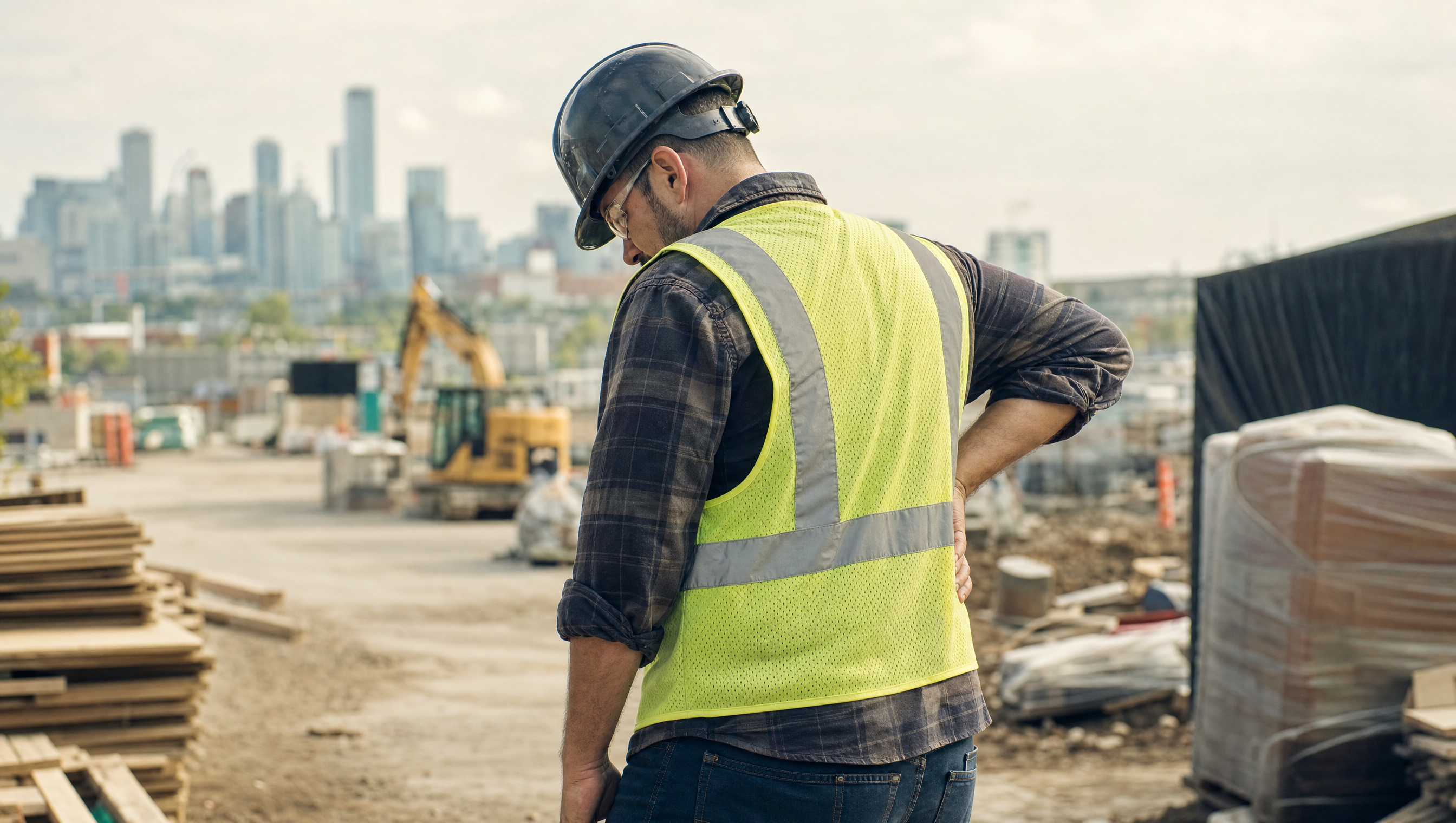 A worker at an Edmonton job site for WCB physiotherapy education