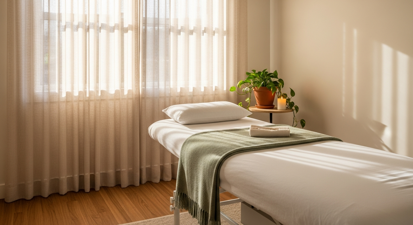 Calm private treatment room for pelvic floor physiotherapy
