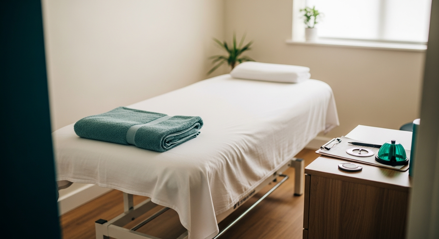 Calm physiotherapy assessment room with treatment table Calm physiotherapy assessment room with treatment table