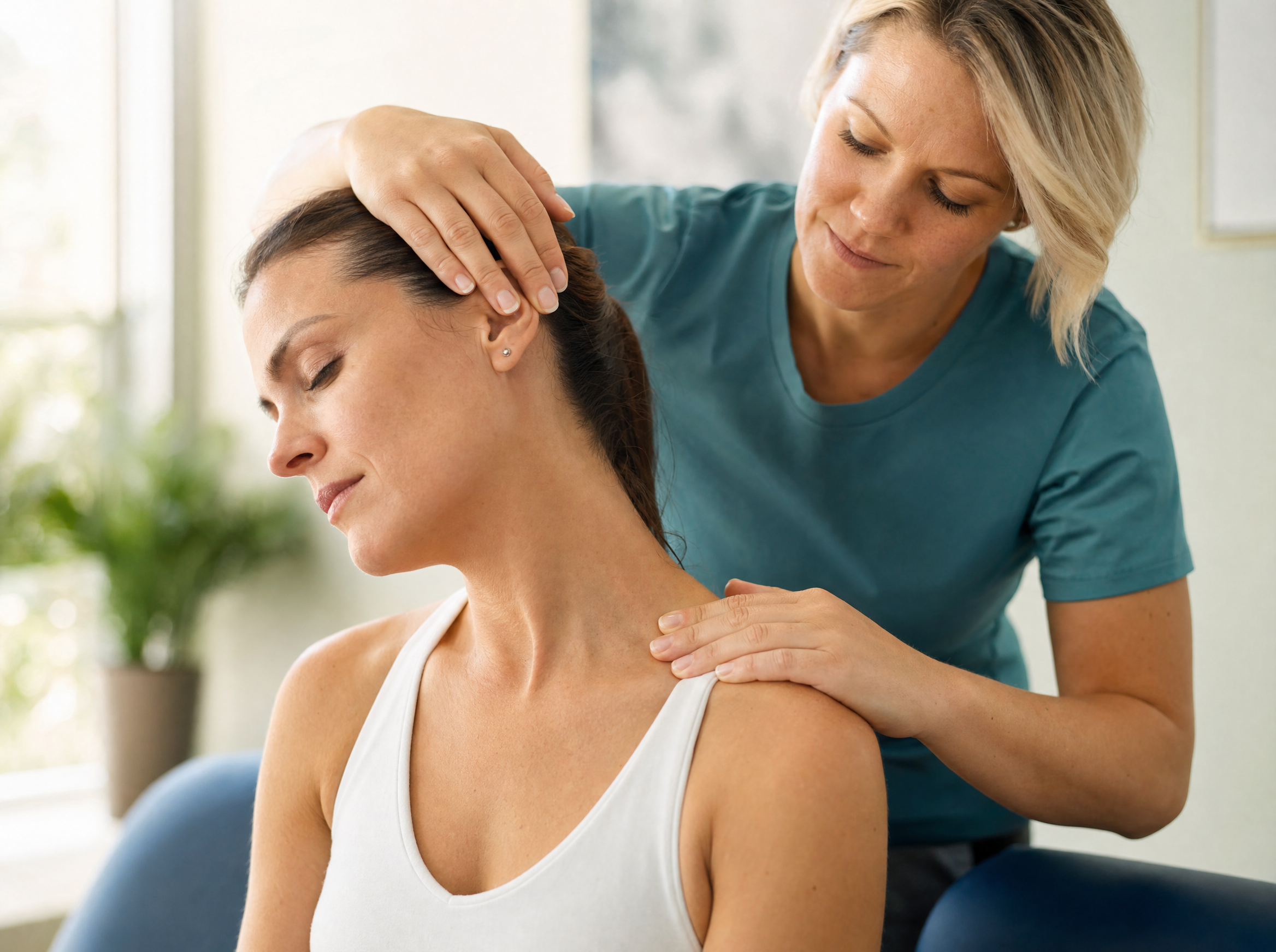 Physiotherapist assessing a patient for whiplash after a car accident