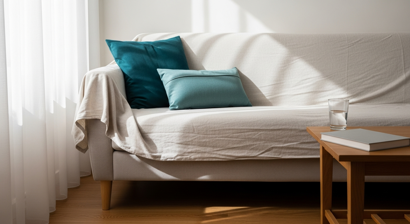 Empty couch with folded blanket suggesting prolonged rest Empty couch with folded blanket suggesting prolonged rest