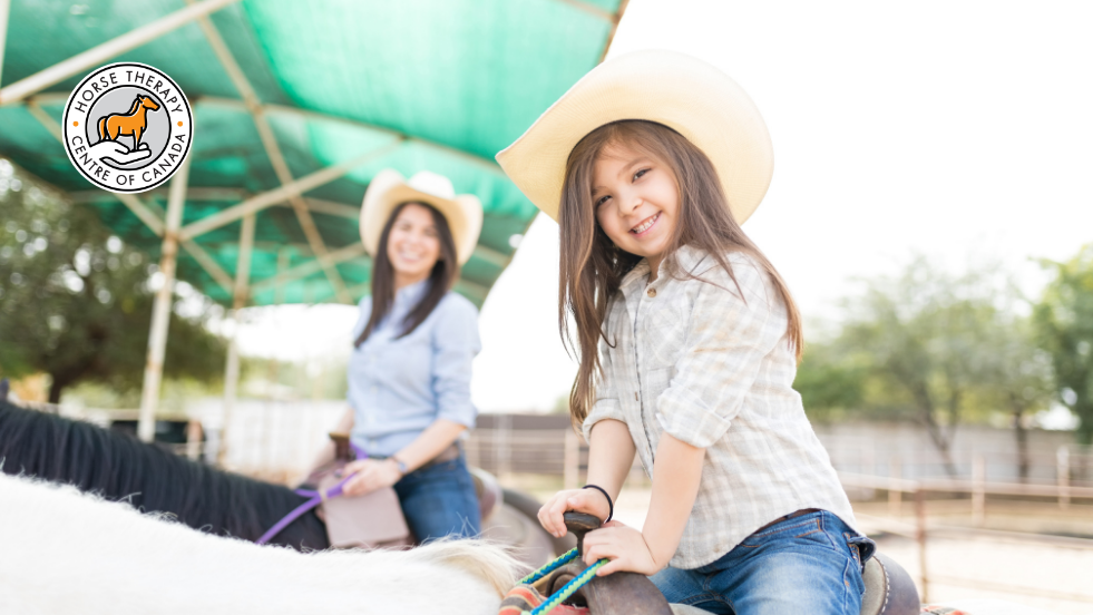 Woman and child enjoying time with a horse in horsemanship session