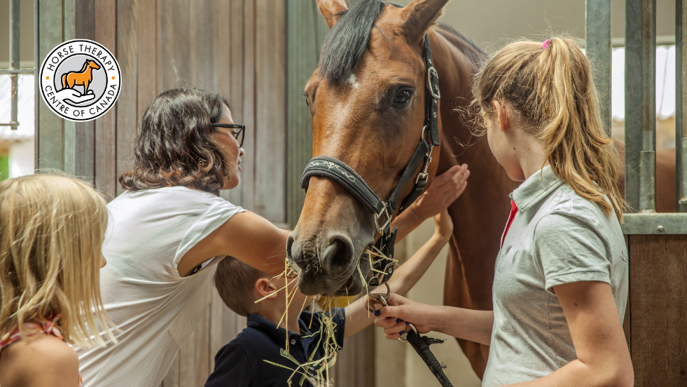Equine therapist guiding interaction between clients and a horse