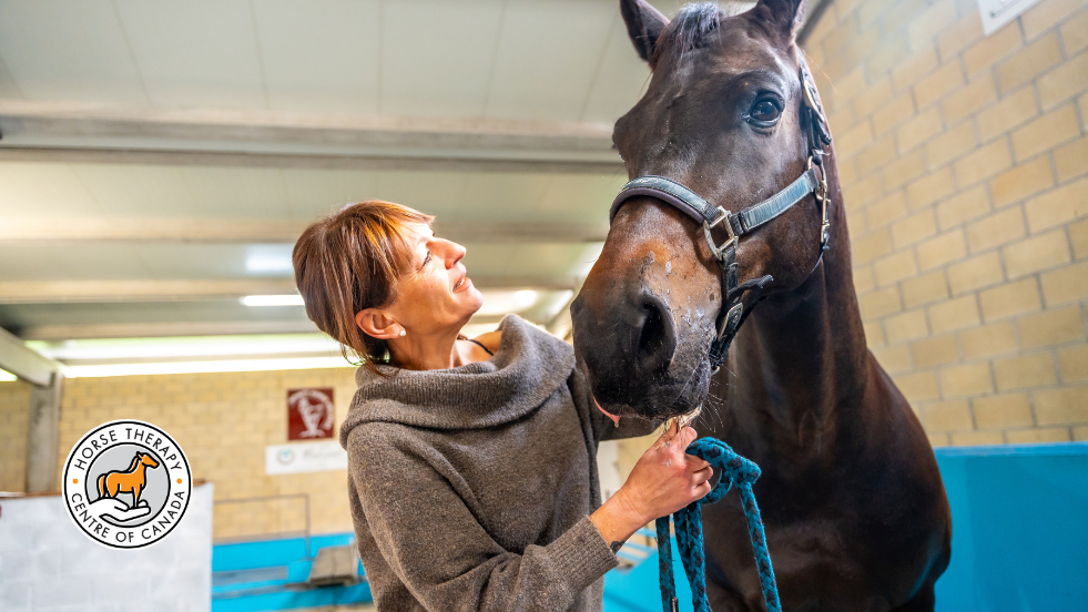 Woman interacting with a horse during hands-on certification programs