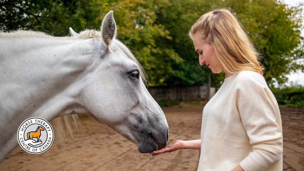 Woman facing a white horse during horse therapy session outdoors Woman facing a white horse during horse therapy session outdoors