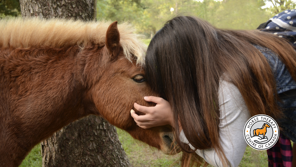 Person hugging a horse showing the connection between horses and healing