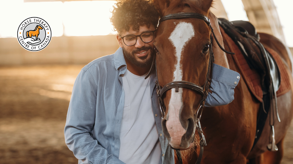 Client hugging a horse to build psychological flexibility in therapy