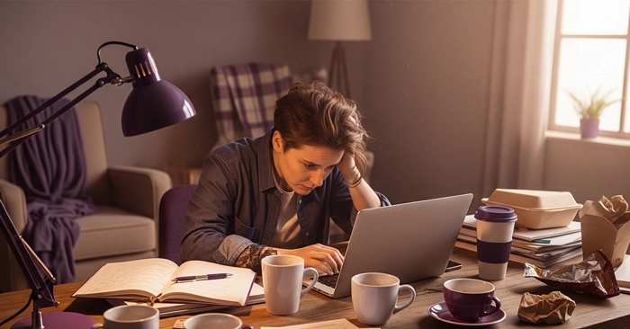 Stressed business owner working long hours and having many coffees to stay on top of everything