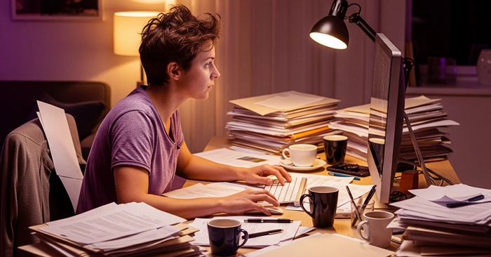 stressed and messy business owner working late into the night