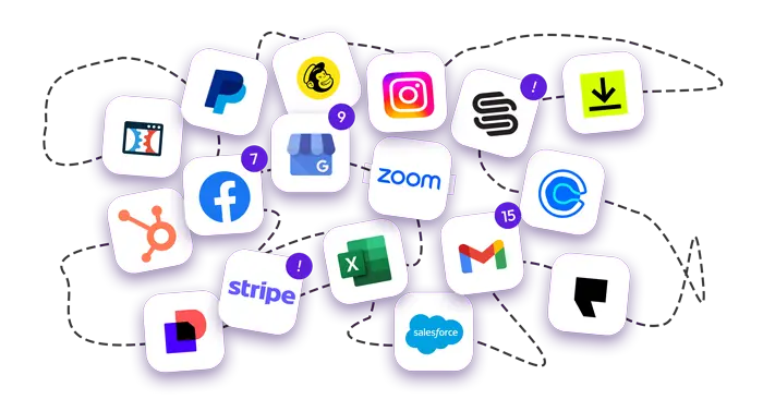 Graphic of messy and time consuming task of managing many tools and subscriptions