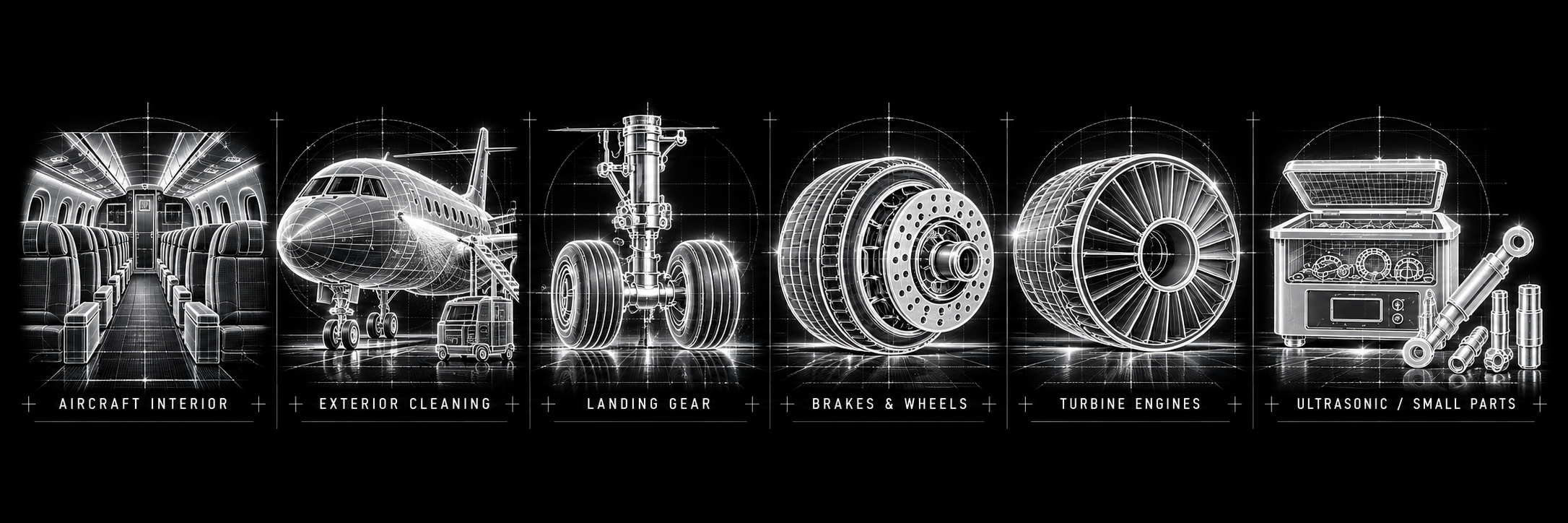 MERYT aerospace cleaning and maintenance applications including aircraft interior cleaning, aircraft exterior cleaning, landing gear maintenance, aircraft brakes and wheels, turbine engine cleaning, ultrasonic cleaning and small aerospace parts.