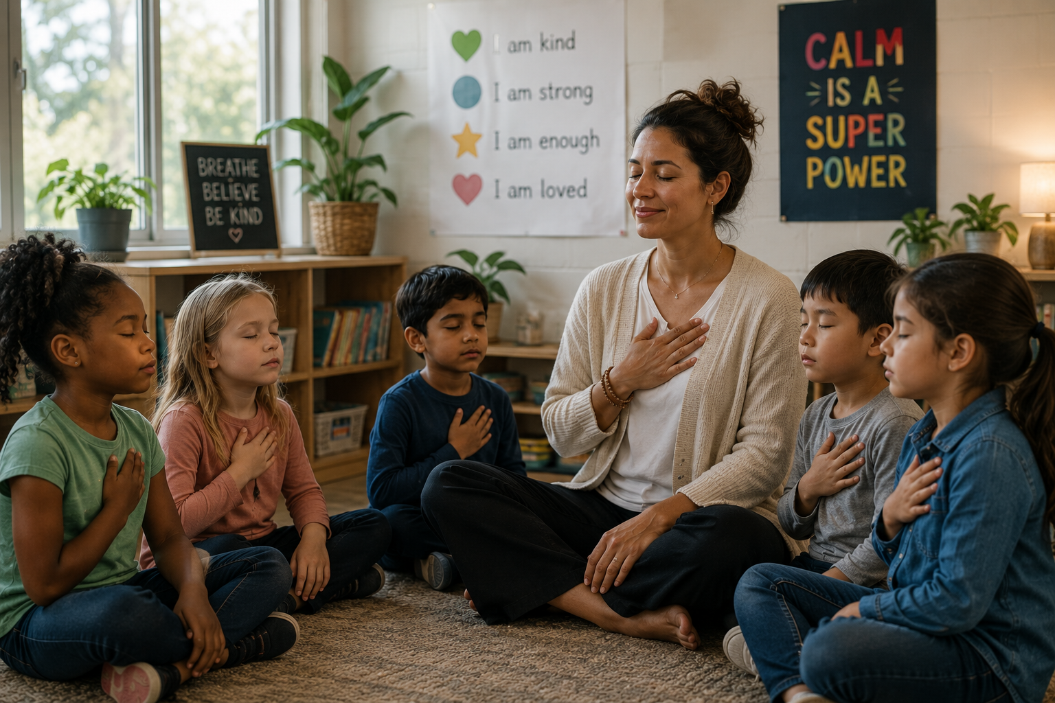 Teacher guiding children through a calming breathing exercise