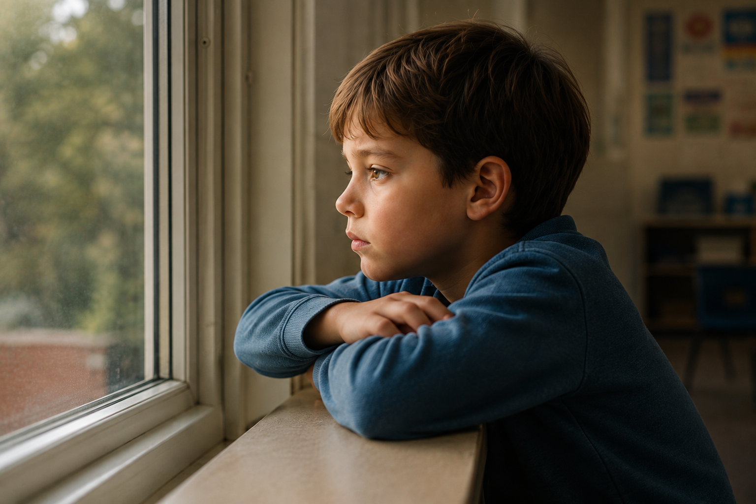A thoughtful child looking through a classroom window