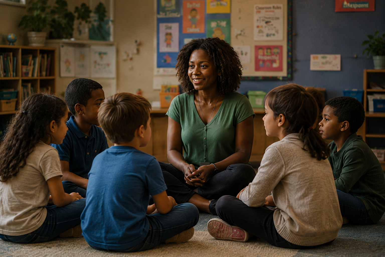 Teacher sitting in a classroom circle with children